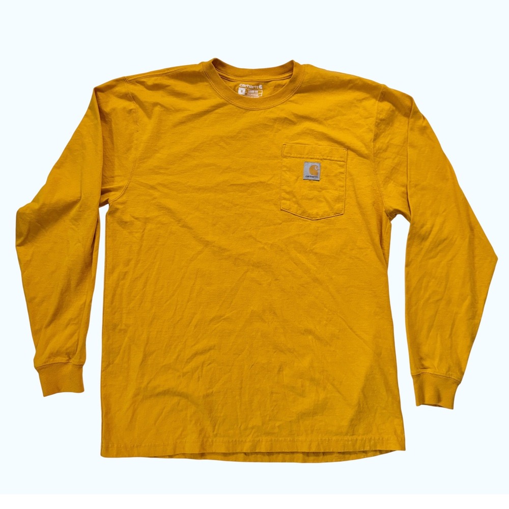 Carhartt Long Sleeve Shirt Medium Yellow Loose Fit Pocket Tee K126 Mustard
